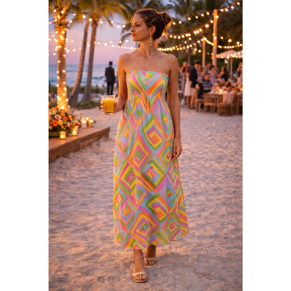 Scoop NYC Dresses & Skirts - Vintage Strapless Silk Maxi Dress Multicolor Geometric Print Size XS Beach Party